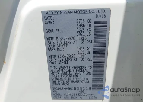 2017 Nissan Pathfinder Platinum z USA, uszkodzony, nr VIN 5N1DR2MM0HC633118